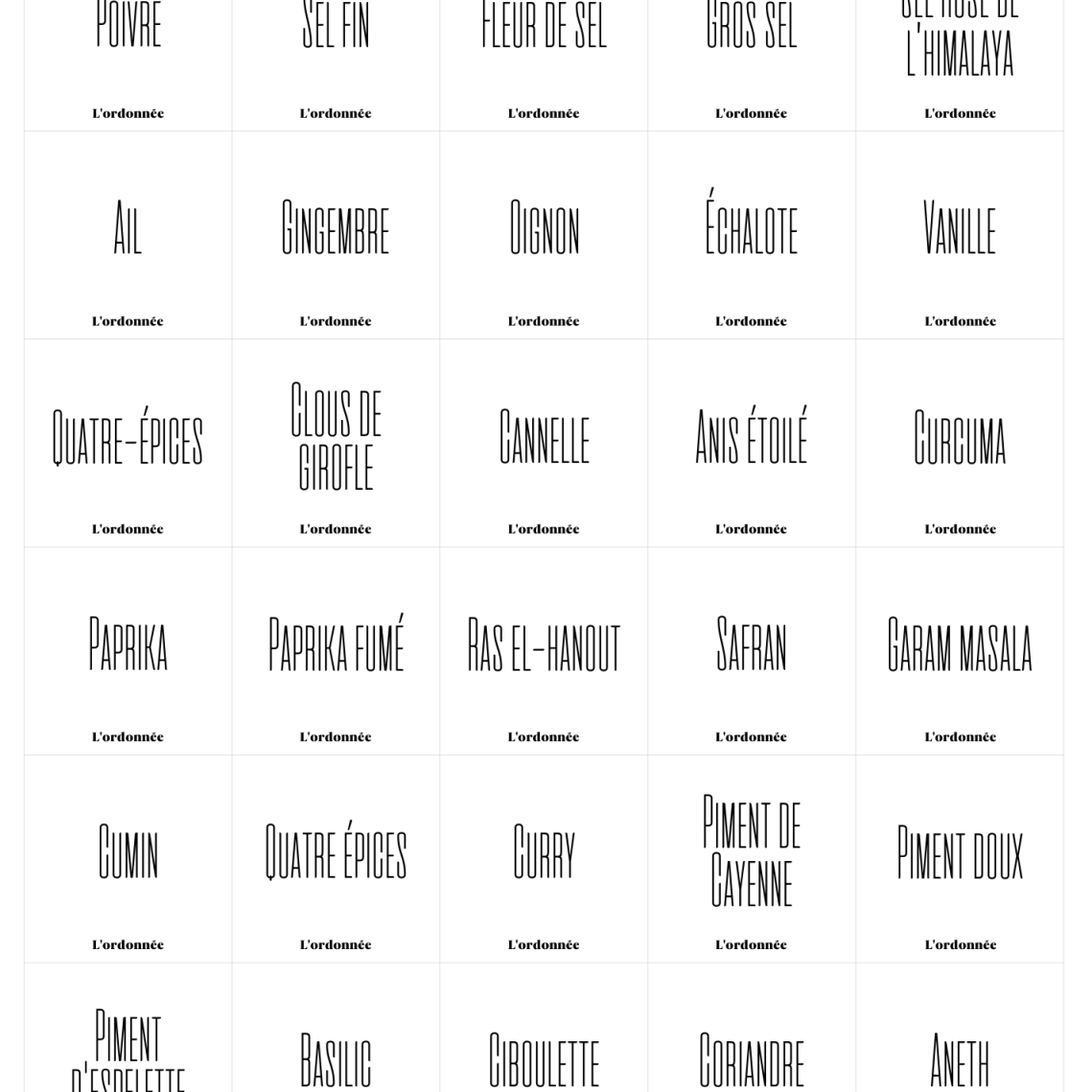 Pack de 60 étiquettes épices - Design Amantine - L'ordonnée