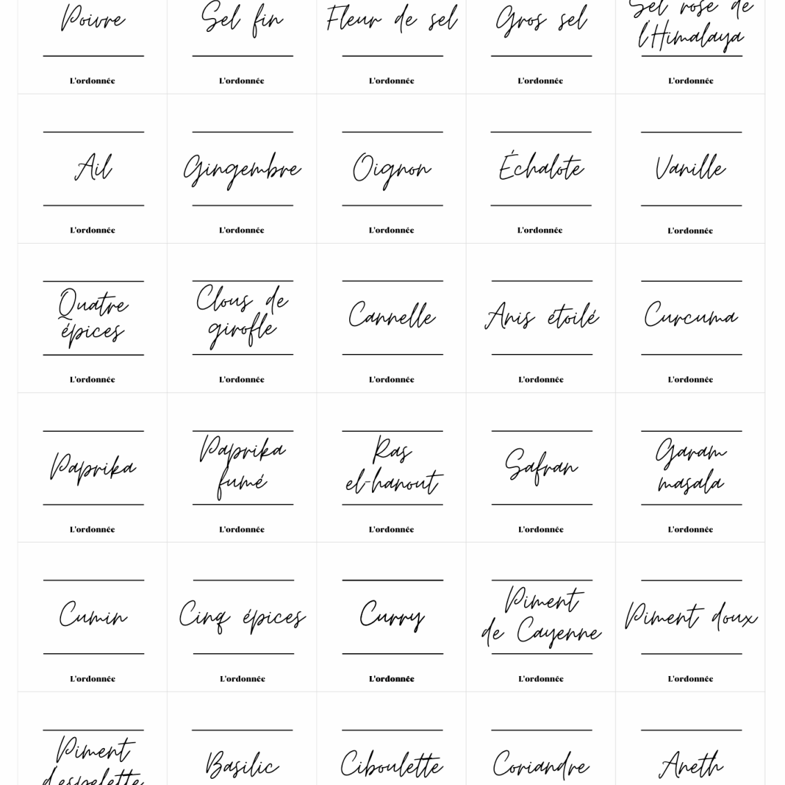 Pack de 60 étiquettes épices - Design Gabrielle - L'ordonnée