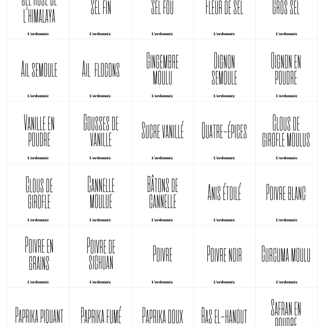 Pack de 90 étiquettes épices - Design Amantine - L'ordonnée